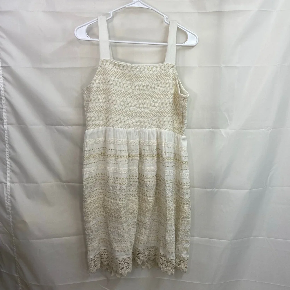 J. Jill women's cream tan embroidered smocked thick‎ strap stretch lace dress XS